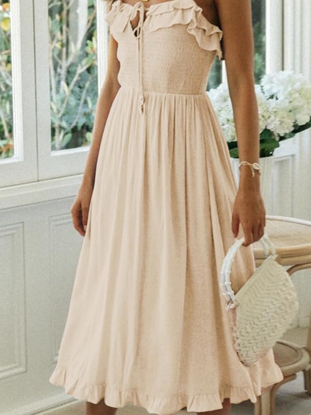 Sleeveless Ruffle Midi Dress in Light Beige